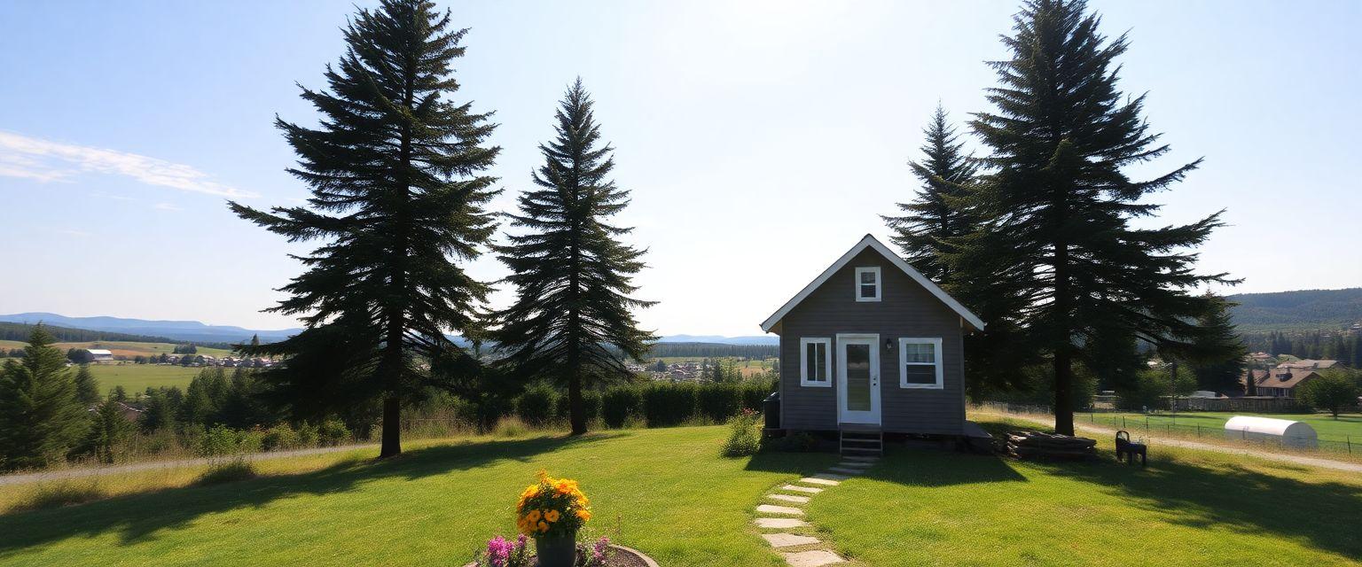 A serene landscape featuring a cozy tiny house nestled among tall trees