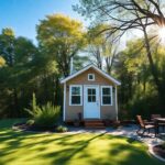 A serene landscape featuring a tiny house nestled among trees