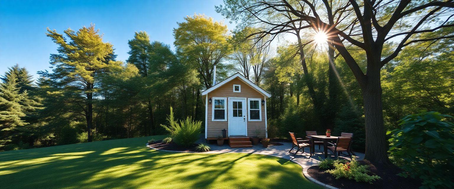 A serene landscape featuring a tiny house nestled among trees