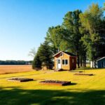 A serene landscape showcasing a tiny house nestled among trees