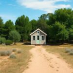 A serene landscape showcasing a tiny house nestled among trees in a picturesque setting