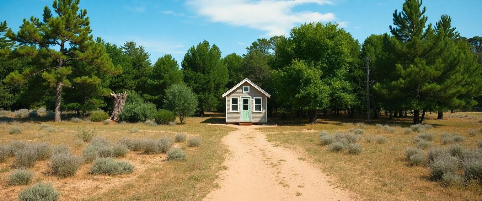 A serene landscape showcasing a tiny house nestled among trees in a picturesque setting