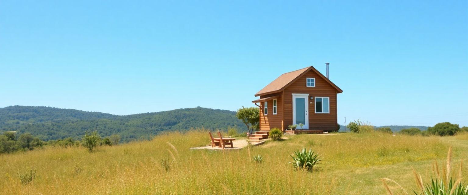 A vibrant landscape featuring a tiny house nestled on a small plot of land