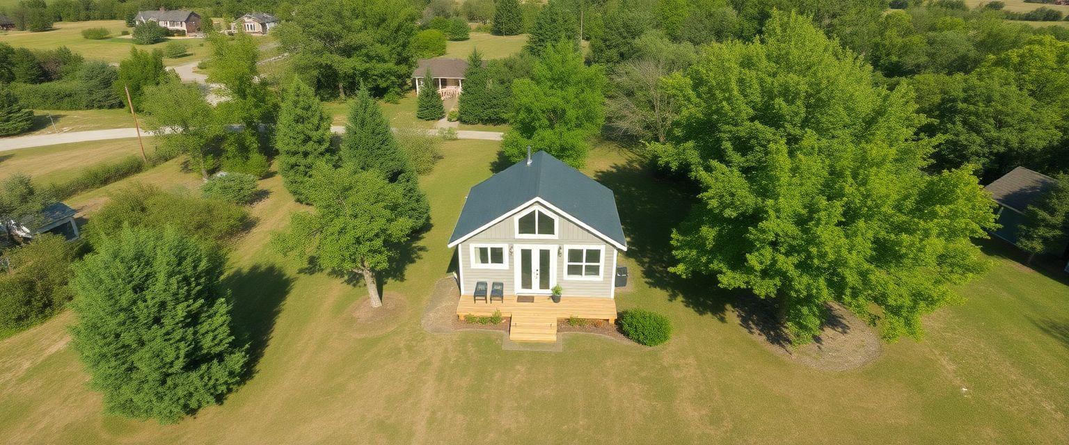 An aerial view of a picturesque tiny house nestled on a rented plot of land