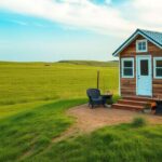 A scenic landscape featuring a tiny house on a small plot of land