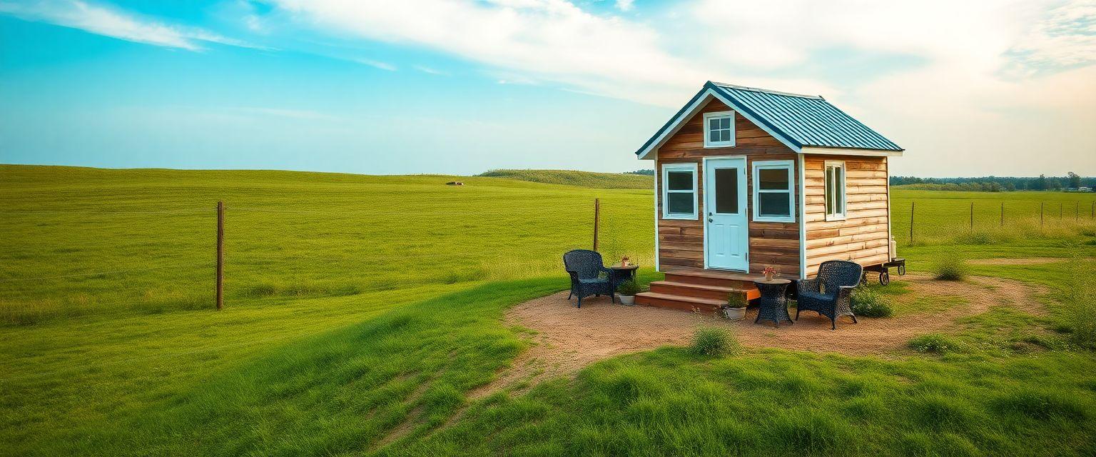 A scenic landscape featuring a tiny house on a small plot of land