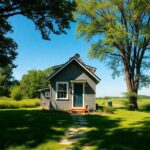 A serene landscape featuring a picturesque tiny house nestled among trees