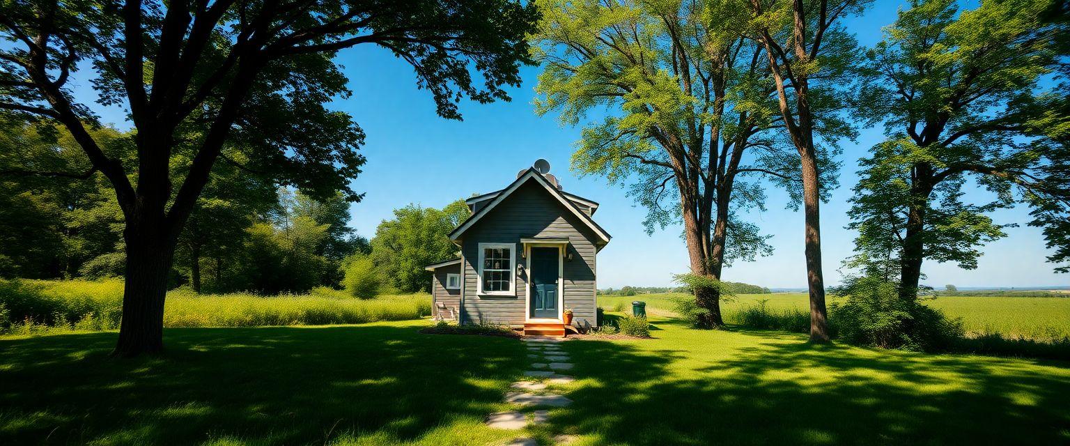 A serene landscape featuring a picturesque tiny house nestled among trees