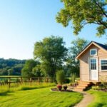 A serene landscape featuring a tiny house nestled among lush greenery