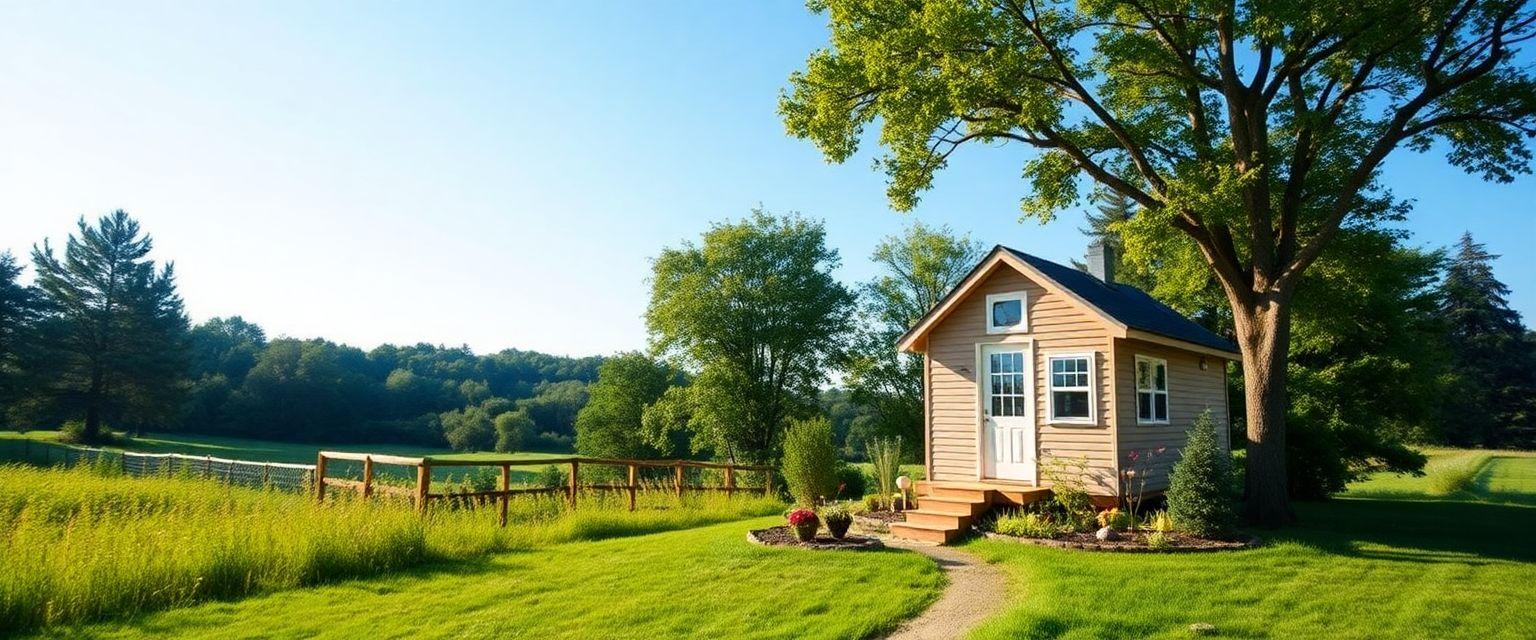 A serene landscape featuring a tiny house nestled among lush greenery