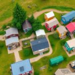 An aerial view of a vibrant tiny house community