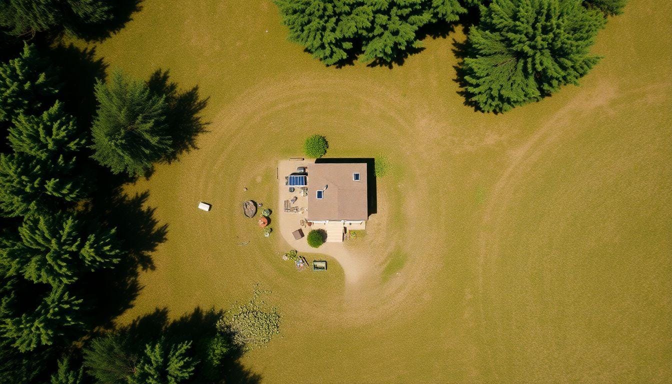 An aerial view of a picturesque tiny house set in a serene