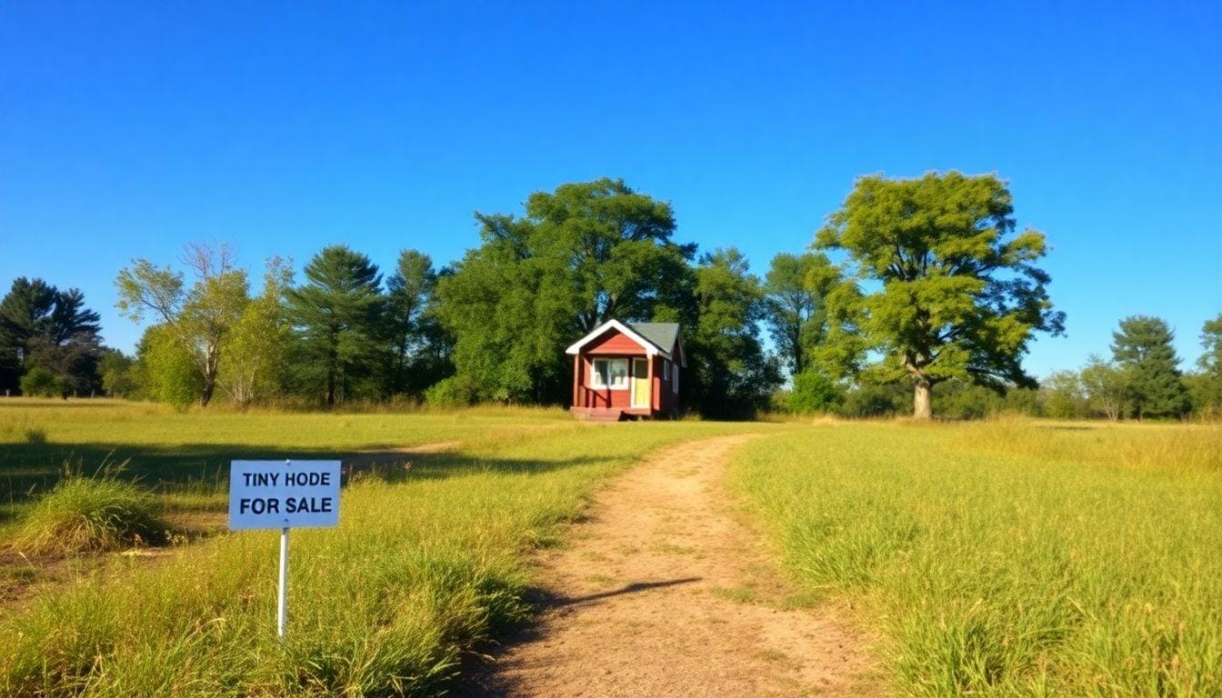 A serene landscape featuring a tiny house nestled among trees