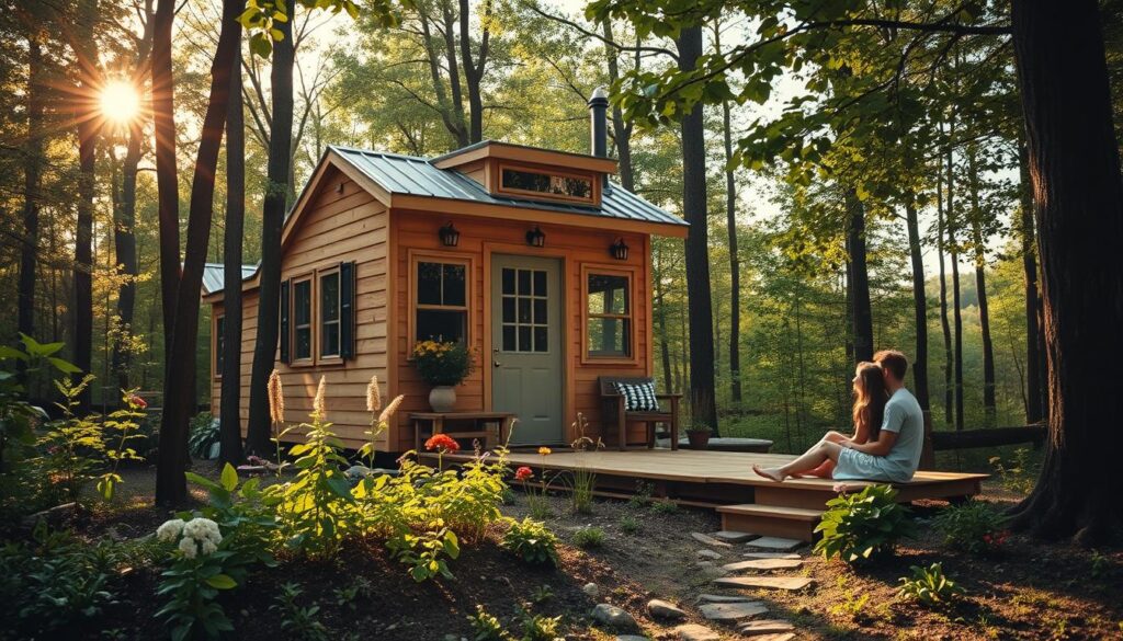 A cozy, rustic tiny house nestled in a lush, verdant forest clearing. Sunlight filters through the trees, casting a warm, golden glow on the compact, well-designed exterior. Nearby, a small garden bursts with vibrant flowers and vegetables, representing the self-sufficient, eco-friendly lifestyle. In the foreground, a young couple sit on the porch, gazing out at the serene, natural surroundings, embodying the sense of freedom, simplicity, and connection to the land that defines the tiny house ethos. The composition captures the benefits of this alternative living approach - reduced costs, minimal environmental impact, and a greater focus on experiences over material possessions.