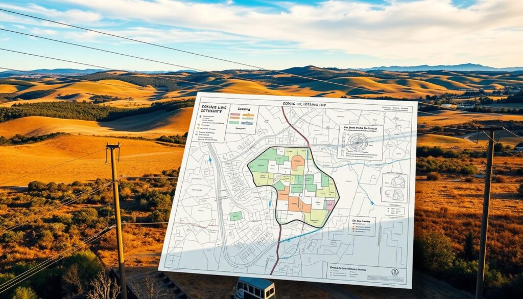 Zoning laws and utilities overlaying a detailed landscape scene. In the foreground, a comprehensive schematic of power lines, water pipes, and sewer systems. In the middle ground, a detailed zoning map with parcel boundaries, land use designations, and setback requirements. In the background, a rolling countryside with lush vegetation, gently winding roads, and a clear blue sky. The scene is illuminated by warm, natural lighting, captured through a wide-angle lens to provide a comprehensive, strategic view. The overall mood is one of careful planning and consideration for the essential land requirements necessary for a successful tiny house project.