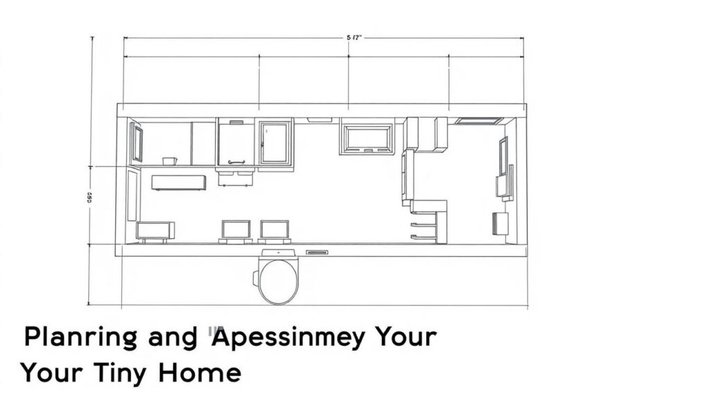 a detailed architectural blueprint of a tiny house design, featuring a well-organized floor plan, precise dimensions, and carefully considered storage solutions. The blueprint is rendered in a clean, technical style using a high-contrast black and white color scheme, with thin, precise lines and a minimalist aesthetic. The blueprint is set against a plain, light-colored background, allowing the design details to take center stage. The overall mood is one of thoughtful planning and efficient problem-solving, capturing the essence of the "Planning and Designing Your Tiny Home" section of the article.