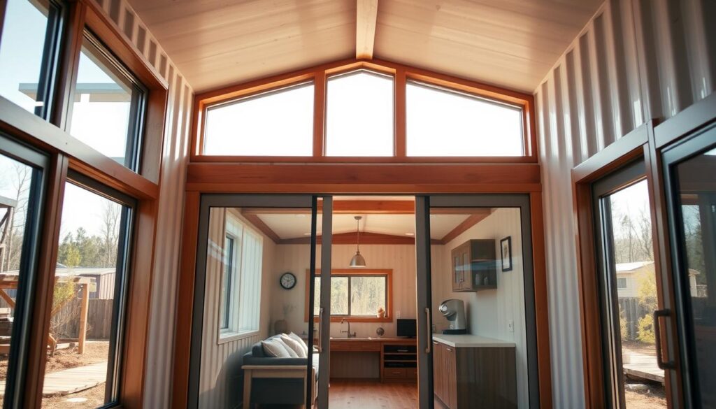 A bright, airy interior of a shipping container home. In the foreground, meticulously installed floor-to-ceiling windows and a sleek sliding glass door, allowing abundant natural light to flood the space. In the middle ground, a well-crafted wooden frame and trim accentuate the clean, modern design. The background features a minimalist, industrial-inspired decor, with exposed beams and a neutral color palette, creating a cozy, welcoming atmosphere. Warm, directional lighting casts a soft glow, highlighting the attention to detail in the window and door installation. The overall scene showcases how strategic placement of windows and doors can transform a shipping container into a comfortable, light-filled tiny home.