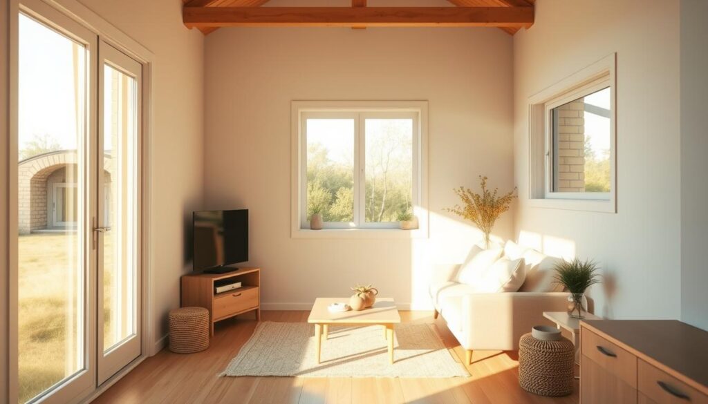 A bright, sun-filled interior with natural light flooding through large windows, casting warm, diffused illumination across a minimalist, Scandinavian-inspired living space. The focal point is a cozy, inviting seating area bathed in soft, golden rays, with clean-lined furniture and natural textures creating a serene, harmonious atmosphere. The background features a neutral color palette, allowing the natural light to take center stage and infuse the room with a sense of calm and well-being. The overall composition emphasizes the importance of embracing natural light to optimize the small footprint of a tiny house, creating a tranquil and rejuvenating living environment.