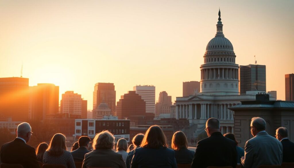 A bustling city skyline at sunset, with a federal government building standing tall in the background. In the foreground, a local city council meeting is taking place, with officials discussing zoning regulations for tiny houses. The lighting is warm and inviting, casting a glow over the collaborative scene. The camera angle is slightly elevated, giving a sense of the interconnectedness between federal and local perspectives on this urban planning issue. The mood is one of productive dialogue and compromise, as the officials work together to find solutions that balance the needs of the community and the individual homeowner.