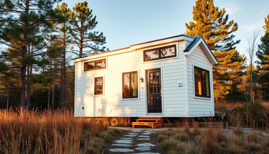 A compact, code-compliant tiny home shell sits amidst a serene natural landscape. The structure features clean lines, a pitched roof, and energy-efficient windows, designed to blend seamlessly with its surroundings. Warm sunlight filters through the windows, casting a cozy glow across the exterior. The shell's sturdy frame and weatherproof exterior convey a sense of durability and practicality, ready to serve as the foundation for a complete tiny home. A pathway leads towards the entrance, hinting at the potential for customization and personalization within. The image captures the essence of an affordable, yet functional tiny home shell, ready to be transformed into a comfortable, sustainable living space.