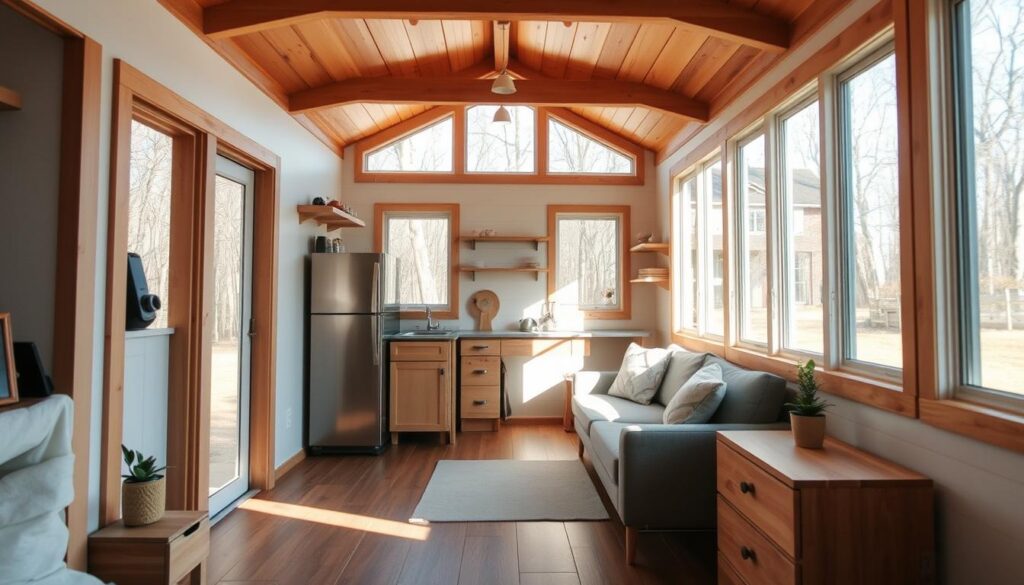 A cozy and functional interior of a DIY-friendly tiny home shell, bathed in warm natural light filtering through large windows. The open-concept layout features a minimalist yet stylish design, with clean lines and a neutral color palette. Exposed wooden beams and a wooden floor create a rustic, cabin-like ambiance. A small kitchenette is equipped with essential appliances, while a cozy seating area invites relaxation. Ample storage solutions, such as built-in shelves and cabinets, maximize the limited space. The atmosphere is inviting and serene, showcasing the potential for a personalized, low-maintenance tiny home lifestyle.