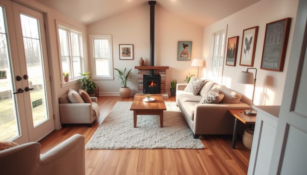 A cozy and inviting living room in a tiny house, with a plush L-shaped sofa arranged around a low wooden coffee table. Warm, natural lighting filters through large windows, casting a soft glow on the room. The walls are painted a soft, neutral color, with a few framed artwork pieces adding pops of color. A small, functional fireplace is situated in the corner, providing both ambiance and heat. The floor is covered in a plush, neutral-toned rug, and a few potted plants add a touch of greenery to the space. The overall atmosphere is one of comfort, relaxation, and efficient space utilization, perfectly suited for a tiny house interior.