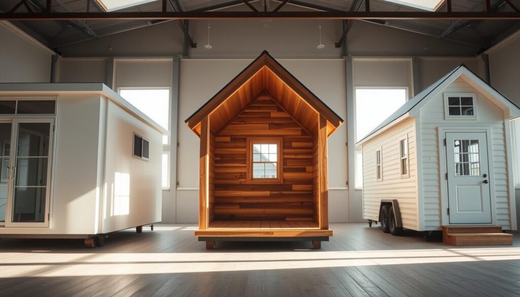 A cozy and inviting tiny home shell, its minimalist exterior showcasing a variety of custom-built options. In the foreground, a sleek, modern design with large windows and a subtle roofline. In the middle ground, a charming rustic cabin-style shell with a pitched roof and warm wood siding. In the background, a modern farmhouse-inspired shell with clean lines and a classic gable roof. The scene is bathed in soft, natural lighting, creating a serene and inviting atmosphere. The angles and perspectives are carefully chosen to highlight the unique characteristics and design choices of each tiny home shell option.