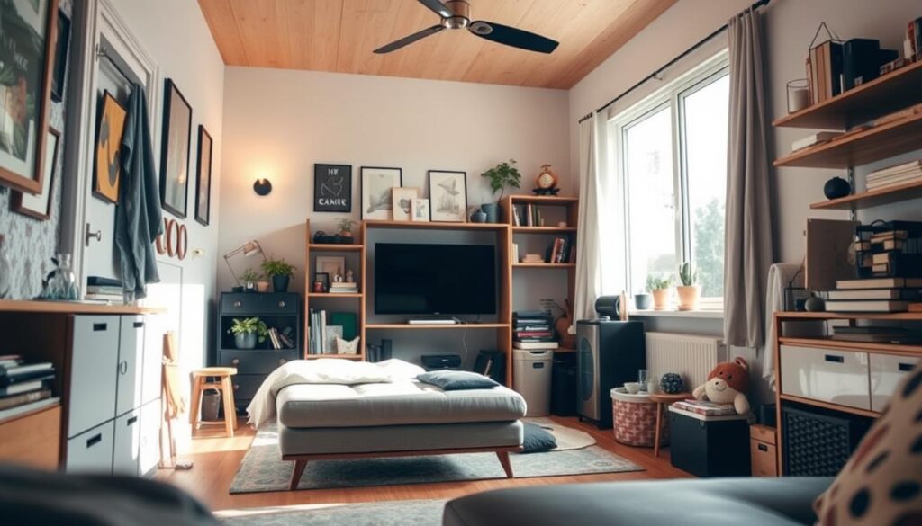 A cozy, cluttered interior with a minimalist aesthetic. In the foreground, a small, multifunctional furniture piece, its design optimized for limited space. In the middle ground, carefully curated decor and storage solutions, each item serving a purpose. The background features a large window, allowing natural light to filter in, creating a sense of openness. Soft, warm lighting illuminates the scene, lending a relaxed, inviting atmosphere. The angle is slightly elevated, capturing the challenge of maximizing a compact living area while maintaining a balanced, harmonious design.