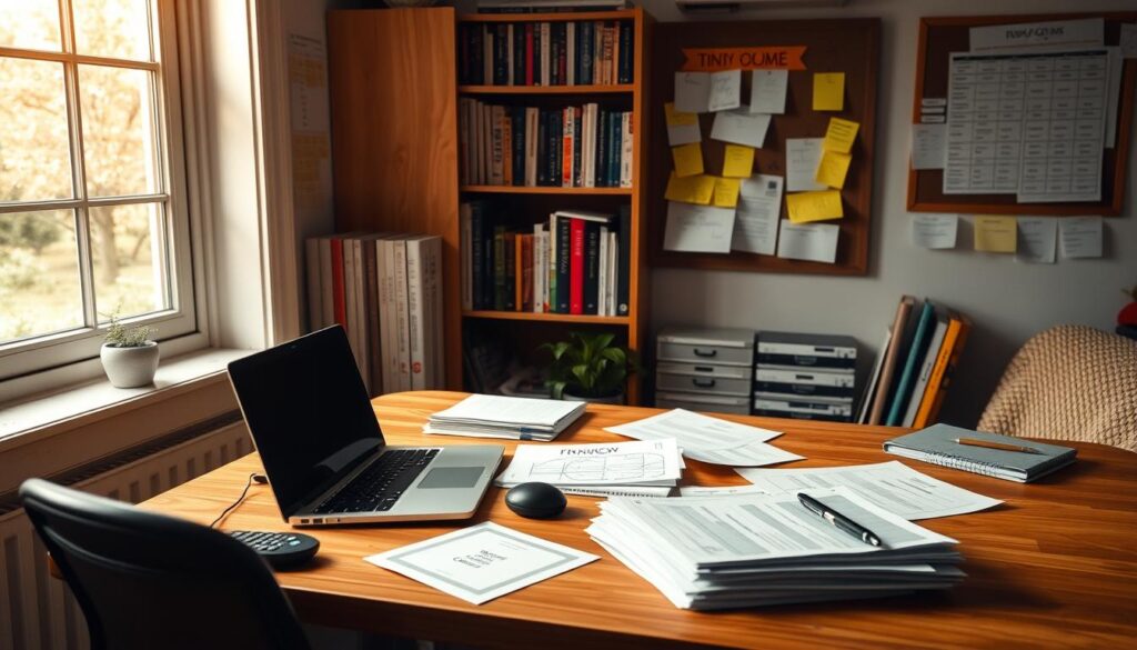 A cozy home office with a wooden desk, a laptop, a calculator, and a stack of financial documents. Soft natural light filters in through a nearby window, casting a warm glow on the scene. In the background, a meticulously organized bookshelf filled with finance-related books and a bulletin board with sticky notes and budget charts. The overall atmosphere exudes a sense of productivity and careful planning, reflecting the diligent process of budgeting for a tiny home project.