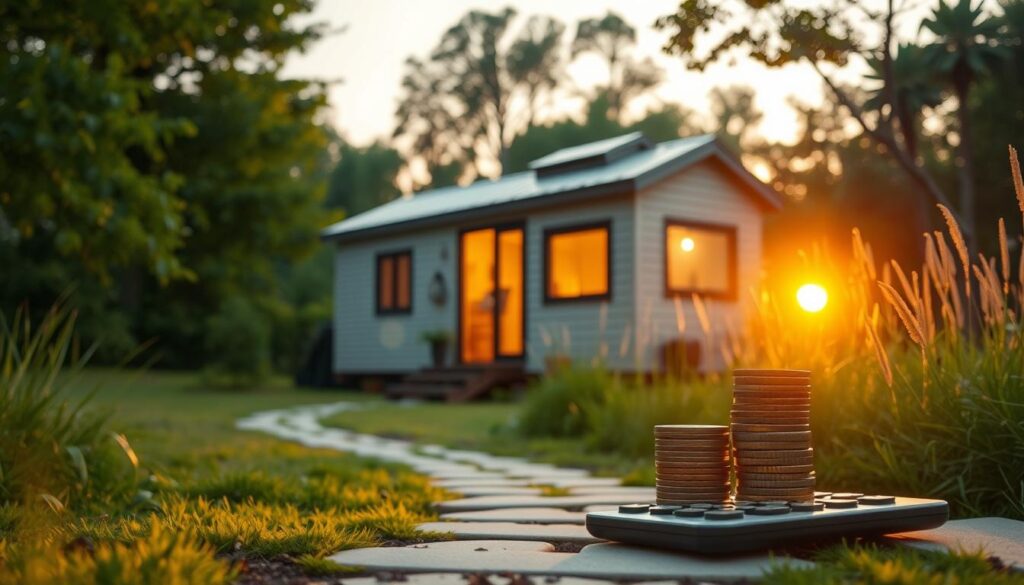 A cozy, minimalist tiny home nestled against a backdrop of lush greenery, its sleek exterior gleaming in the soft, golden light of a sunset. In the foreground, a stack of coins and a calculator, symbolizing the cost-saving advantages of this compact, efficient living space. The scene evokes a sense of financial responsibility and the freedom to prioritize experiences over material possessions. A winding path leads the eye towards the home, inviting the viewer to explore the possibilities of this sustainable, affordable lifestyle.