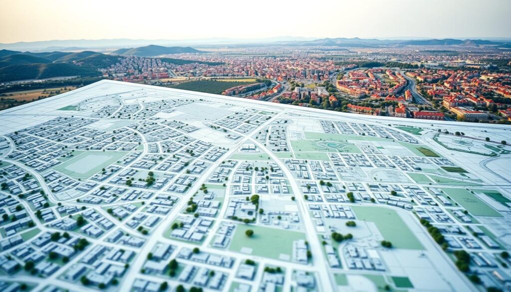 A detailed architectural diagram of a zoning map, showcasing the intricate land use regulations. The foreground features a grid-like layout of residential, commercial, and industrial zones, delineated by clear boundaries. The middle ground highlights infrastructure like roads, parks, and public facilities, strategically placed within the zoning framework. In the background, rolling hills and a vibrant skyline set the scene, conveying a sense of a thriving urban environment. The lighting is soft and diffused, creating a sense of depth and dimension. The composition is captured through a wide-angle lens, providing a comprehensive view of the zoning landscape. The overall mood is one of order, planning, and thoughtful urban development.