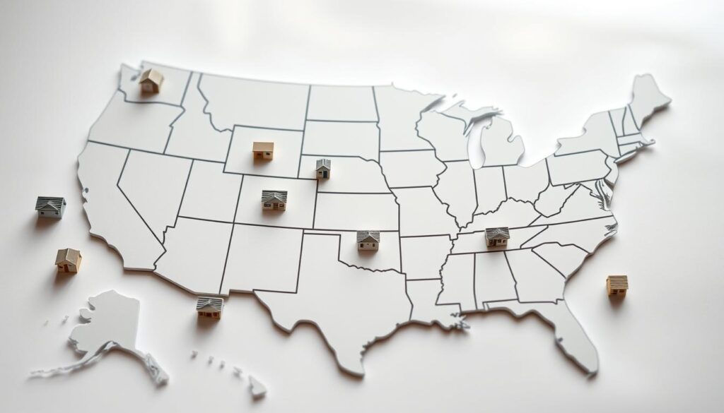 A detailed map of the United States, with each state represented as a compact, meticulously designed miniature model. The models are arranged in a grid, showcasing the diverse zoning regulations across the country. The models are rendered with a minimalist, architectural aesthetic, highlighting the variations in size, density, and layout restrictions for compact homes. The lighting is soft and diffused, creating a sense of contemplation and analysis. The camera angle is slightly elevated, allowing the viewer to take in the full scope of the zoning landscape. The overall mood is one of informative exploration, inviting the viewer to delve into the nuances of state-by-state zoning regulations for tiny houses.