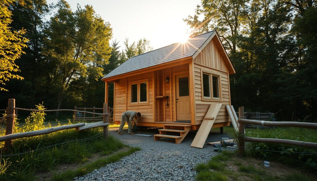 A meticulously crafted tiny house taking shape, with carpenters carefully assembling the wooden frame, shingles, and siding under a warm, golden afternoon sun. The construction site is surrounded by lush greenery, with a rustic fence and a gravel path leading to the partially completed structure. The scene is captured from a low angle, emphasizing the attention to detail and the sense of progress as the tiny house gradually emerges from the land. The overall atmosphere is one of diligence, craftsmanship, and the excitement of creating a unique, sustainable living space.