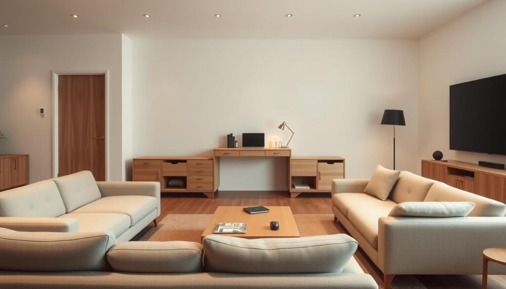 A minimalist, multi-functional living room with a contemporary, Scandinavian-inspired design. In the foreground, a sleek, modular sofa that can be rearranged into different configurations. Behind it, a wooden coffee table with hidden storage compartments. In the middle ground, a wall-mounted, transformable desk that can fold out for work and then tuck away neatly. Soft, indirect lighting casts a warm, cozy glow, complemented by natural textures and muted tones. The overall atmosphere is one of efficiency, versatility, and elegant simplicity, reflecting the optimal use of limited space.