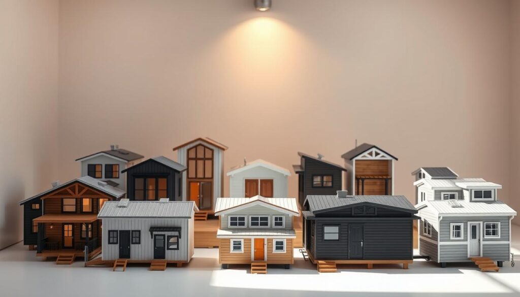 A minimalist, well-lit studio setting showcasing an array of customizable tiny house models. In the foreground, a collection of 1:24 scale architectural models in various contemporary styles - sleek modern, rustic farmhouse, and eco-friendly modular designs. Carefully positioned to highlight their unique features and finishes. In the middle ground, a neutral background with subtle textures to make the models stand out. Warm, directional lighting from the side and above casts soft shadows, emphasizing the forms and details. The overall mood is aspirational yet approachable, inviting the viewer to imagine the possibilities of modern tiny house living.