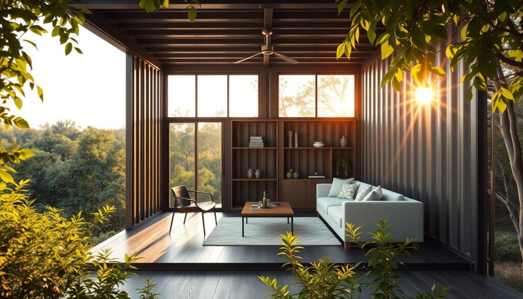 A modern, minimalist steel container home set against a serene natural backdrop. Sunlight filters through large windows, illuminating the sleek, industrial interior. Lush greenery frames the structure, creating a harmonious blend of man-made and organic elements. The home's clean lines and robust steel construction convey a sense of strength, durability, and energy efficiency. Carefully curated furnishings and decor showcase the container's versatility and potential for cozy, comfortable living. The overall composition emphasizes the benefits of building a shipping container tiny home - its resilience, eco-friendliness, and ability to seamlessly integrate into various landscapes.