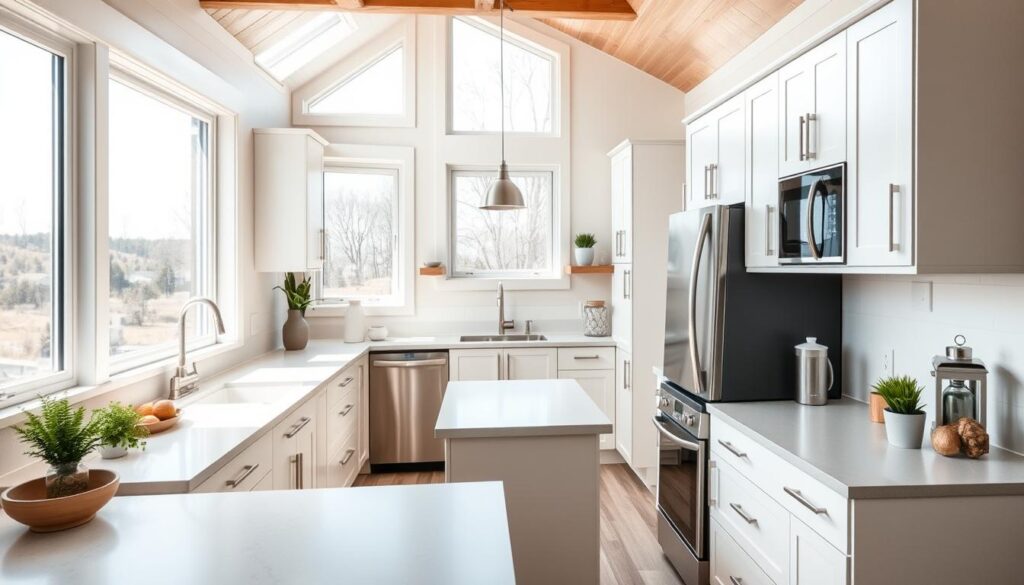 A modern, well-designed kitchen with an optimized layout for a tiny house. The countertops and cabinets are arranged in a U-shape, maximizing the available space. The room is filled with natural light from large windows, creating a bright and airy atmosphere. Sleek, minimalist appliances are seamlessly integrated into the cabinetry, and the use of light-colored materials gives the illusion of a larger, more open space. The floor plan is carefully considered, with a central island providing additional prep and storage space. The overall aesthetic is clean, functional, and tailored to the needs of a compact living environment.