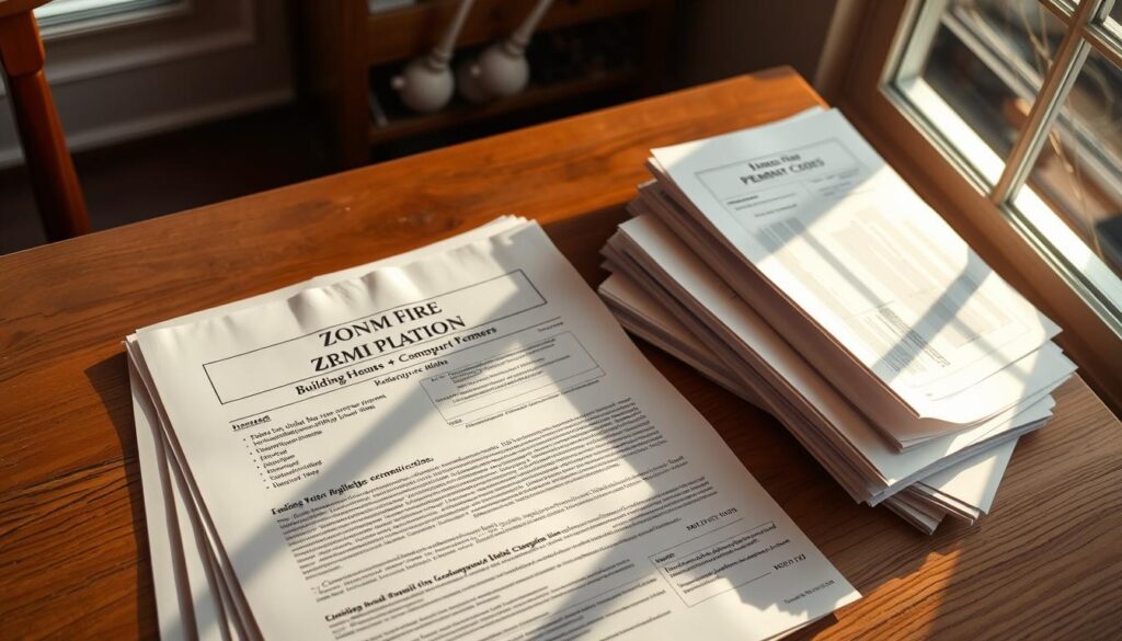 A neatly organized stack of documents, including zoning permit applications, site plans, and building codes, resting on a wooden table. The documents are illuminated by warm, natural light streaming in through a window, casting soft shadows across the surface. The mood is one of diligent research and careful consideration, reflecting the challenges and complexities of navigating the regulatory landscape for compact home construction. The camera angle is slightly elevated, providing a bird's-eye view of the scene, emphasizing the importance of thorough preparation and attention to detail when seeking zoning approvals for a tiny house project.