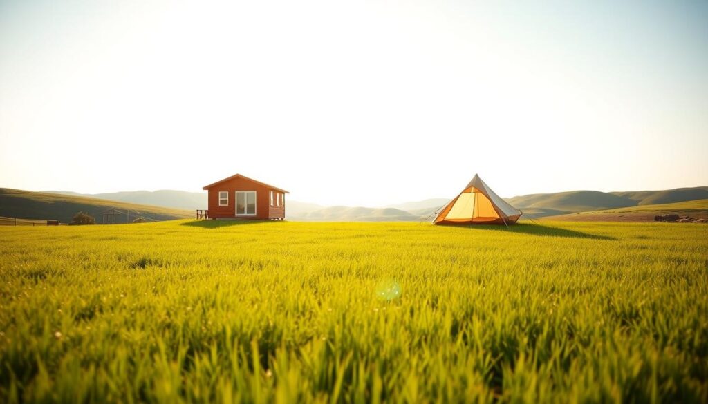 A serene landscape with a lush green meadow in the foreground, surrounded by rolling hills and a bright blue sky. In the center, two distinct areas are depicted - one showcasing a cozy prefab home on a plot of land, representing the "buying" option, and the other displaying a tent nestled in the grass, symbolizing the "renting" approach. The scene is illuminated by warm, golden sunlight, creating a peaceful and inviting atmosphere. The image is captured with a wide-angle lens, emphasizing the contrast between the two land options and their respective lifestyles.