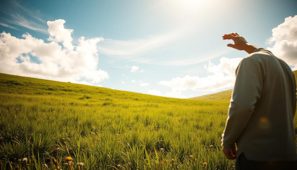 A serene, sun-dappled meadow, lush with verdant grasses and wildflowers, provides the perfect setting for carefully considering the ideal location for a tiny home. In the foreground, a person stands, hand shielding their eyes, surveying the gently sloping terrain, evaluating the potential for level ground, good drainage, and access to natural resources. Wispy clouds drift overhead, illuminated by warm, diffused natural lighting, as if captured through the lens of a vintage camera. The overall mood is one of tranquility and thoughtful contemplation, inviting the viewer to imagine the possibilities of building a harmonious, sustainable tiny home in this picturesque setting.