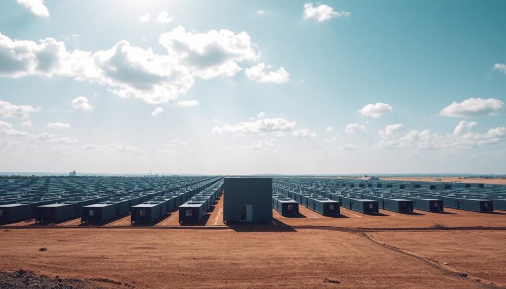 A vast, open field stretches out, dotted with a grid of prefabricated buildings. The structures stand in neat rows, their modular designs showcasing efficient use of space and materials. Sunlight filters through clouds, casting soft shadows across the scene. In the foreground, a single prefab structure stands prominently, its clean lines and sleek facade hinting at the advanced construction techniques used in its creation. The background fades into the distance, revealing a panoramic view of the prefab community, a testament to the potential of this cost-effective and sustainable building approach.