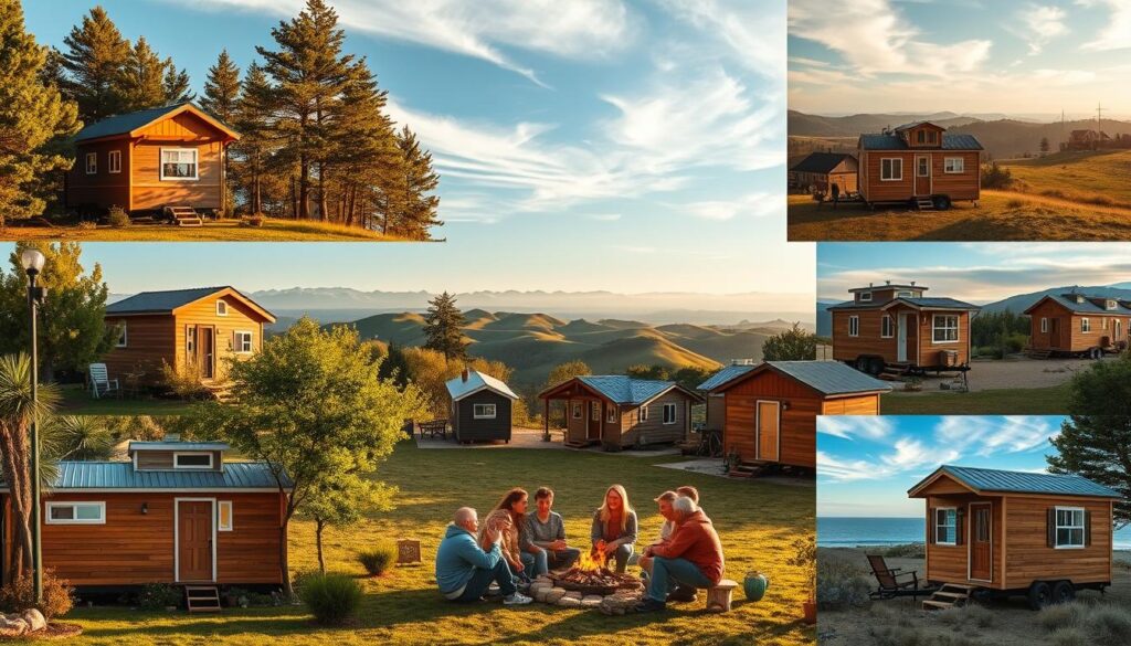 A vibrant collage of tiny home communities across diverse American landscapes. In the foreground, cozy mobile dwellings nestled among lush green trees, their warm wooden exteriors bathed in soft, golden natural light. The middle ground reveals a cluster of these minimalist abodes, their residents gathered around a fire pit, sharing stories and laughter. In the background, rolling hills or oceanfront vistas paint a serene, adventurous backdrop, with wispy clouds drifting overhead. The scene exudes a sense of tranquility, freedom, and a close-knit, off-the-grid lifestyle, inviting the viewer to imagine the joy of downsizing and embarking on new adventures.