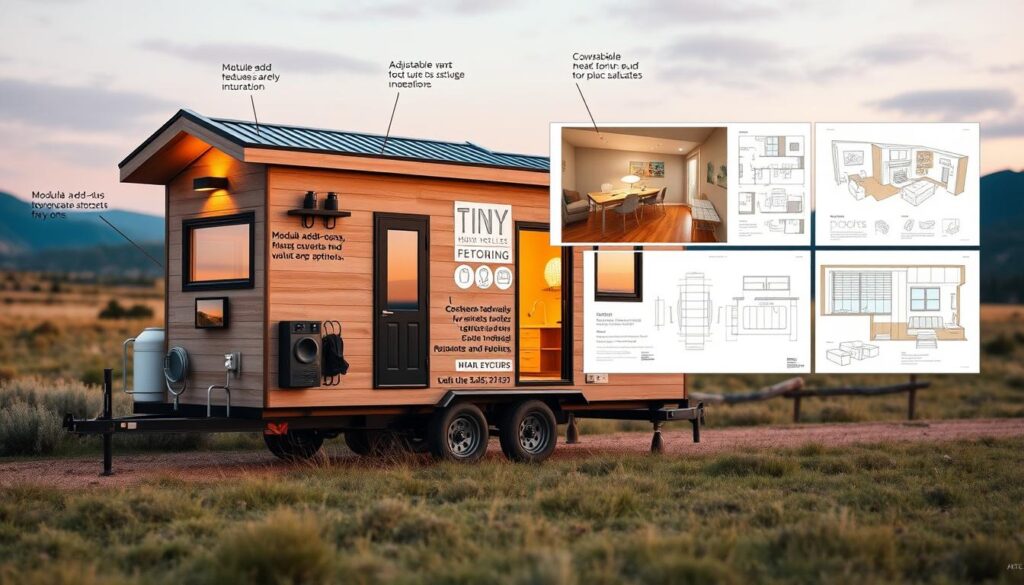 A well-designed tiny house on wheels, showcasing an array of innovative customization options. In the foreground, a 3D model of the house displays modular add-ons, adjustable features, and sleek, streamlined aesthetics. The middle ground features a collage of design sketches, floor plans, and computer-generated renderings, highlighting the versatility and personalization potential. The background sets the scene with a serene, natural landscape, emphasizing the harmony between the tiny house and its environment. Warm, directional lighting illuminates the details, creating a sense of depth and inviting exploration. The overall composition conveys a sense of creativity, flexibility, and the ability to tailor the tiny house to individual needs and preferences.