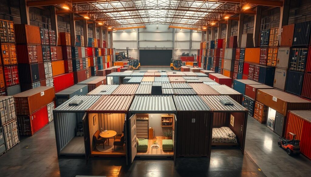 A well-lit, expansive warehouse interior showcases an array of shipping containers in various sizes and colors. The containers are arranged in neat rows, their metal surfaces gleaming under the warm, directional lighting. In the foreground, several containers are open, revealing their potential as cozy living spaces, with hints of furnishings and decor visible. The middle ground features a diverse selection of containers, from standard 20-foot and 40-foot models to specialized high-cube and refrigerated units. In the background, a large loading dock and forklifts suggest the commercial logistics of container transportation and storage. The overall atmosphere conveys a sense of possibility, where these utilitarian structures can be transformed into personalized, sustainable homes.