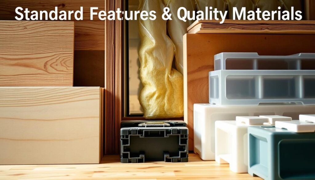 A well-lit, highly detailed image of a variety of durable, high-quality materials for a tiny home shell, including wooden panels, metal sheets, insulated panels, and reinforced plastic components. The materials are arranged in a harmonious composition, showcasing their textures, colors, and structural integrity. The lighting accentuates the materials' resilience and suitability for a tiny home construction, creating a sense of durability and reliability. The overall mood is one of practicality, functionality, and attention to detail, reflecting the "Standard Features & Quality Materials" section of the article.