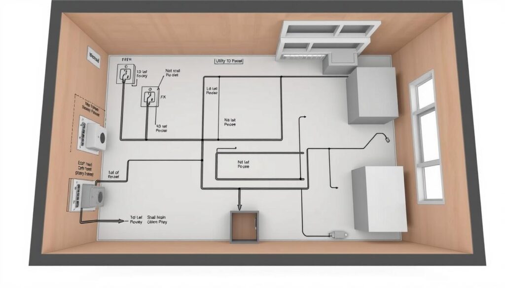An architectural blueprint showcasing the utility hookup requirements for a compact home, with a detailed schematic displaying the placement and connections of electrical, plumbing, and ventilation systems. The scene is rendered in a technical, engineering-focused style with muted colors, clean lines, and precise measurements. The layout is presented from an overhead perspective, allowing for a comprehensive understanding of the infrastructure needed to power and service a small-scale residential structure. The prompt aims to provide a visually informative and technically accurate representation to support the article's discussion on zoning regulations for tiny houses.