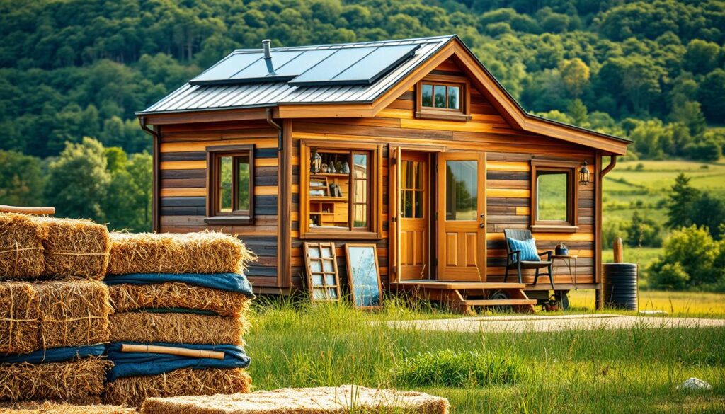 An elegant and eco-friendly tiny house, its exterior crafted from reclaimed wood, sustainably harvested bamboo, and gleaming solar panels. The foreground showcases neatly stacked natural insulation materials, such as straw bales and recycled denim. In the middle ground, a collection of energy-efficient windows and doors made from repurposed materials catch the warm, golden light. The background features a lush, verdant landscape, emphasizing the harmony between the tiny house and its surroundings. The scene radiates a sense of tranquility and environmental consciousness, inviting the viewer to imagine a sustainable, off-grid lifestyle.