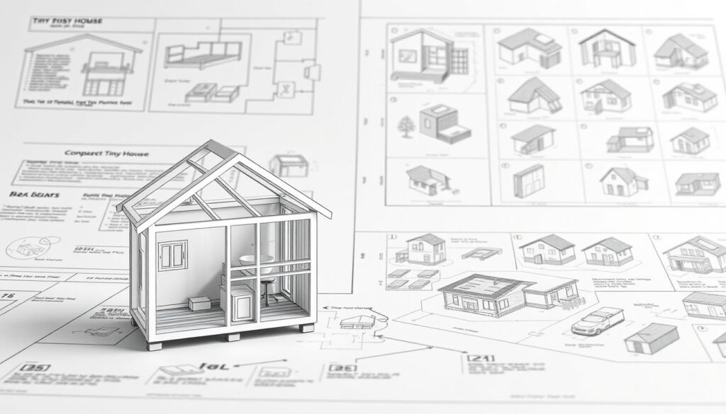 Detailed architectural diagrams of compact home construction, showcasing building codes and regulations. Clean, technical illustrations in a muted color palette, rendered with precise linework and subtle shadows to convey a sense of technical proficiency. The foreground features a cutaway view of a tiny house structure, highlighting the key structural elements and material specifications. The middle ground presents a series of annotated floor plans and elevation drawings, while the background depicts a grid of isometric building schematics. The overall mood is one of informative clarity, guiding the viewer through the intricacies of tiny house construction within the constraints of relevant building codes.
