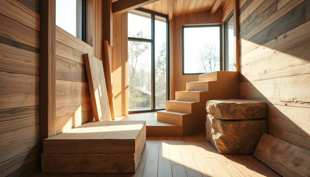 Durable, high-quality building materials in a well-lit, modern interior. Smooth, textured surfaces of wood, stone, and metal in earthy tones. Sunlight streaming through large windows, casting warm shadows. Minimalist, clean design showcasing the natural beauty and strength of the materials. Sturdy, long-lasting construction techniques highlighted, conveying a sense of quality and sustainability. The scene exudes a feeling of simplicity, timelessness, and thoughtful design, in keeping with the principles of modern tiny house living.