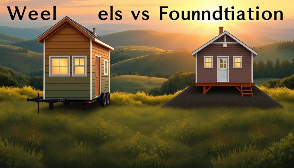 Wheels vs foundation housing comparison: A detailed illustration depicting two tiny houses, one on a wheeled chassis and the other on a traditional foundation. The wheeled house stands in the foreground, showcasing its mobility and compact design. In the middle ground, the foundation-based house emerges, with its sturdy construction and permanent placement. The background features a picturesque landscape, with rolling hills, lush vegetation, and a warm, golden-hour lighting that casts a soft, inviting glow over the scene. The image conveys the distinct advantages and trade-offs of each tiny house approach, allowing the viewer to envision the practical considerations for their specific needs and zoning regulations.